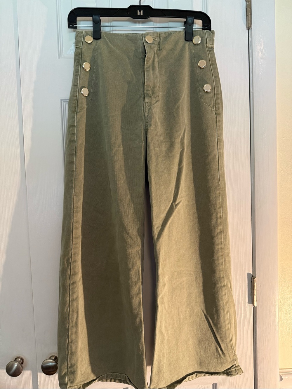 Zara Khaki Green Wide-Leg Marine Jeans with Side Button Detail